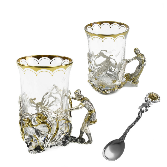 Collection of silver tea cups "Princess Frog" for 2 persons, with spoons